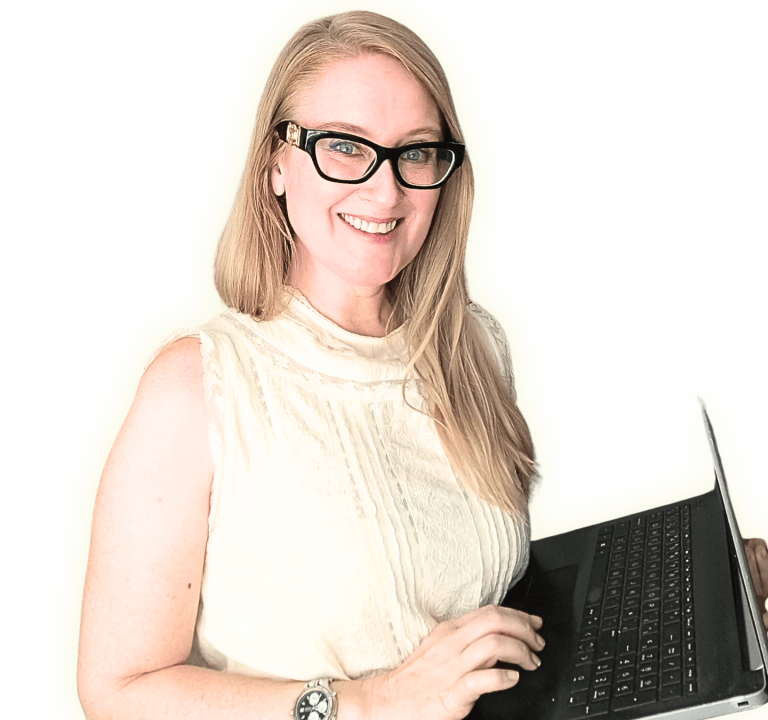 Melissa B. Duarte, Business English trainer, with her laptop